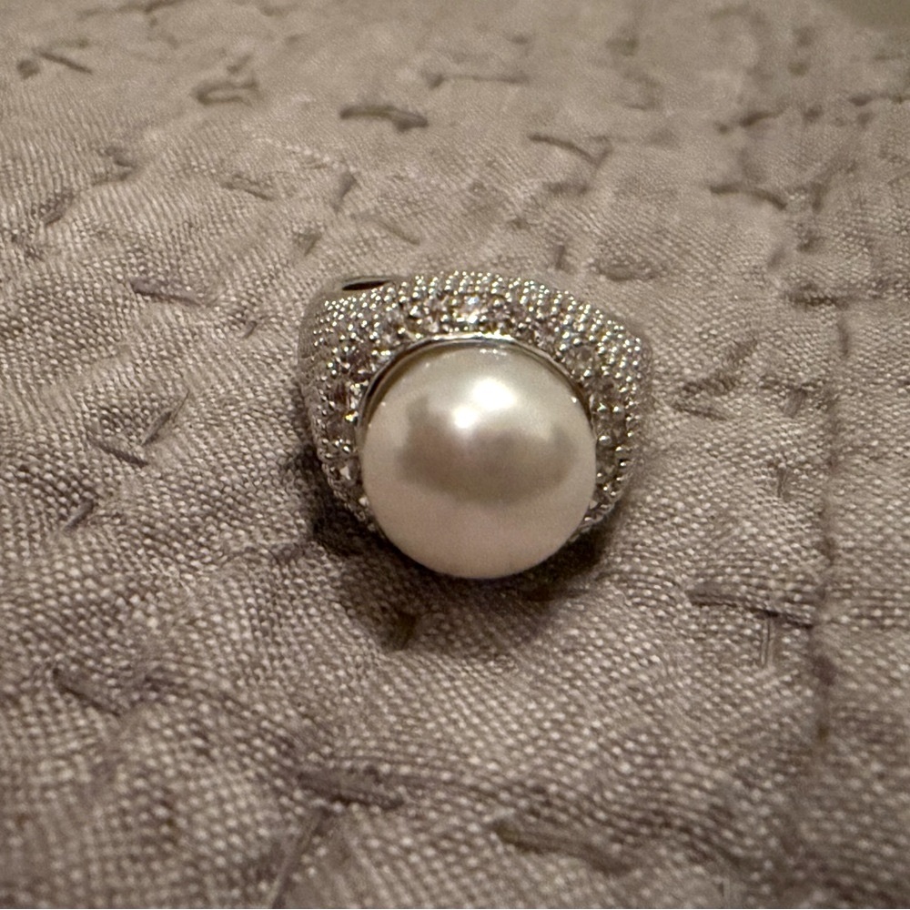 Statement Pearl Cocktail Ring 925 Sterling Silver Pavé CZ QVC Sz7 NWT - Picture 5 of 7
